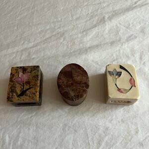 Vintage 3 pc Set Mini Soapstone Two Tulip Boxes One Oval Stripes Box